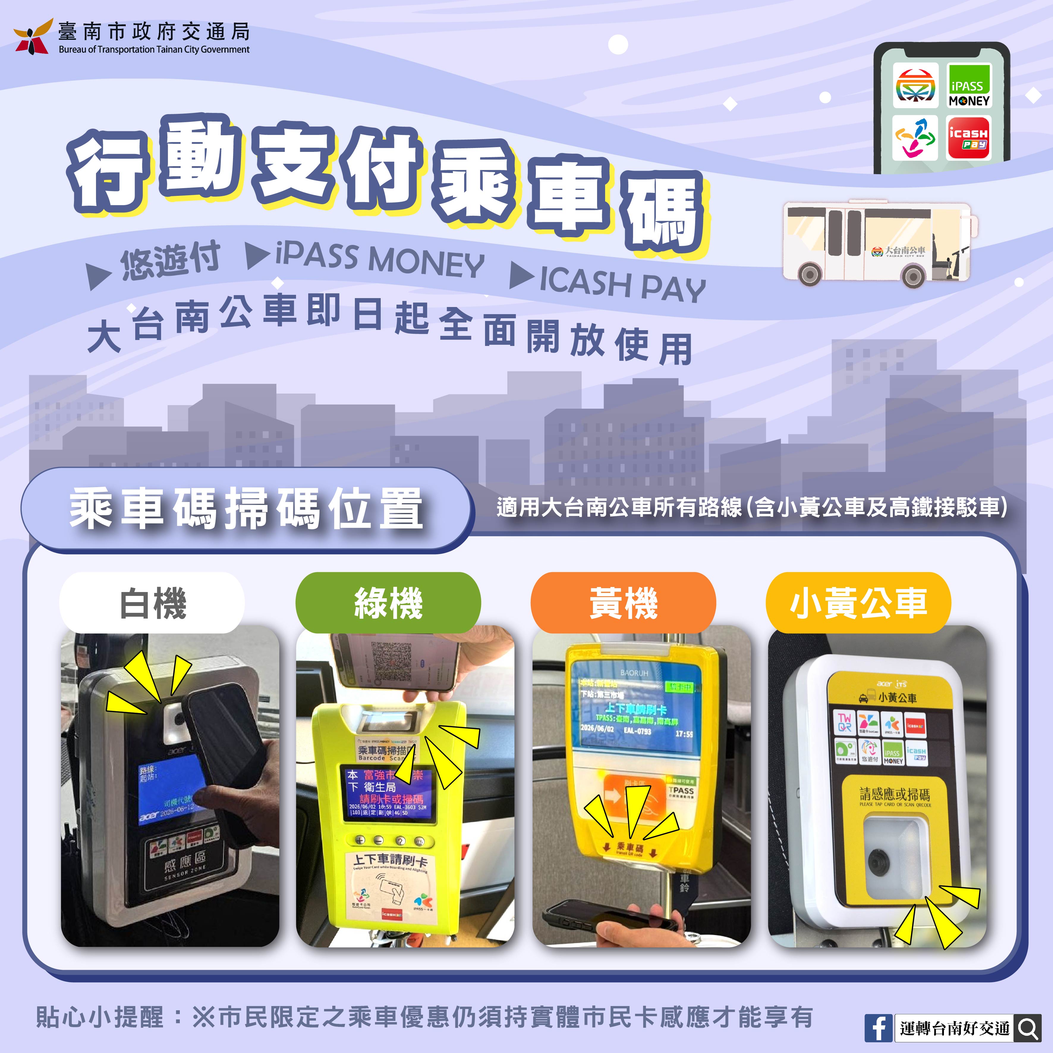 大台南公車即日起開放持交通乘車碼(QR Code)搭車 多元支付更便利